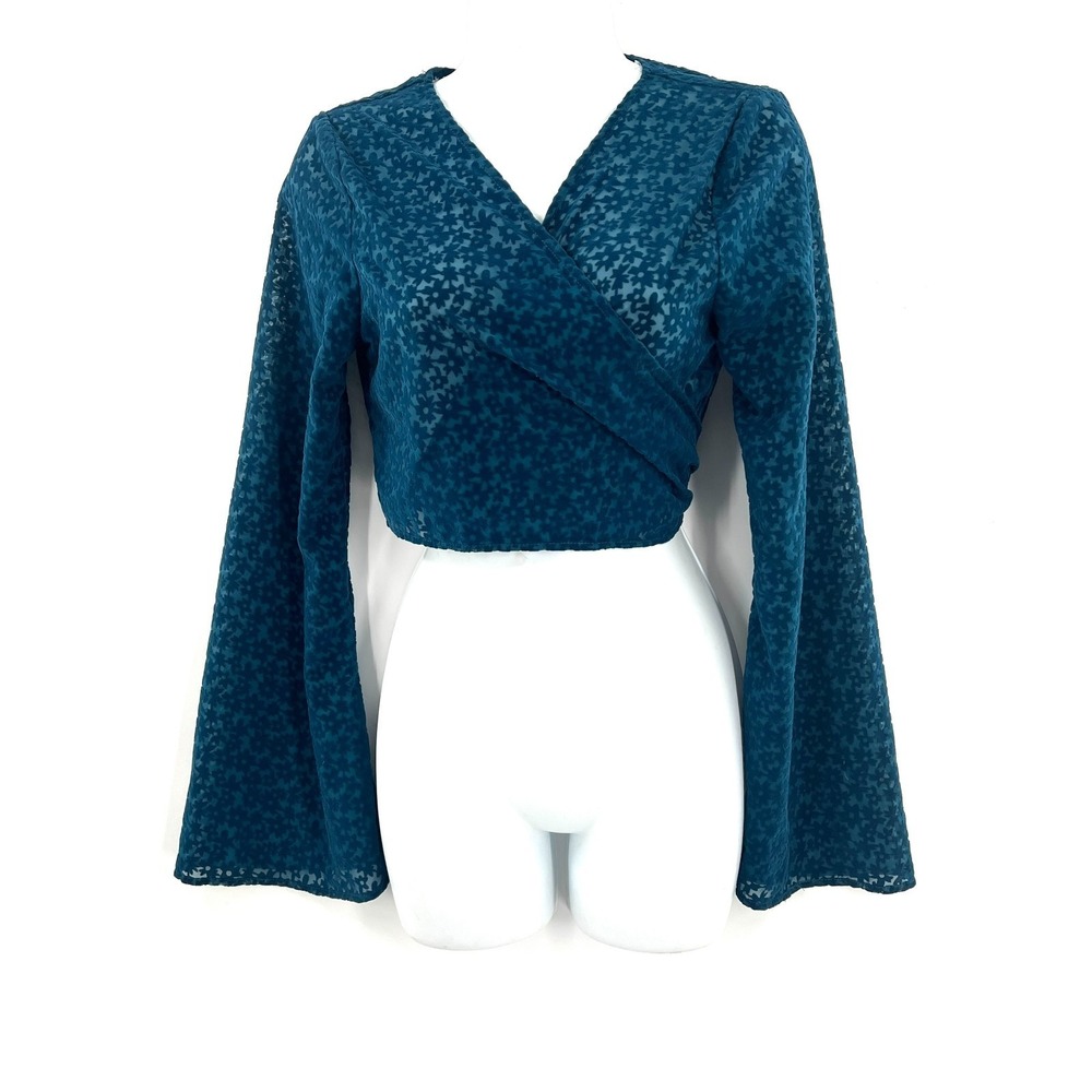 wrap front velvet burnout mod floral‎ bell sleeve boho hippy fairycore top XS